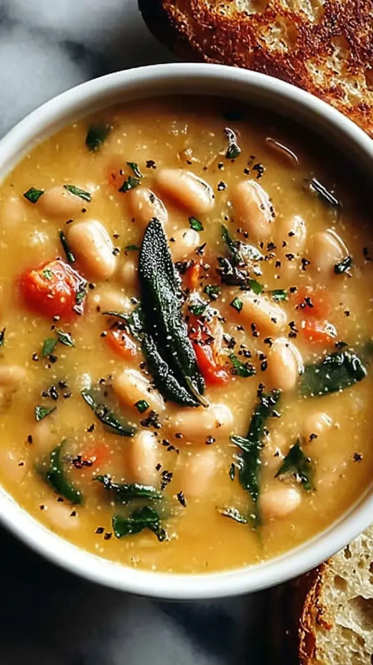 A steaming bowl of white bean soup with turkey sausage, carrots, and kale on a wooden table.