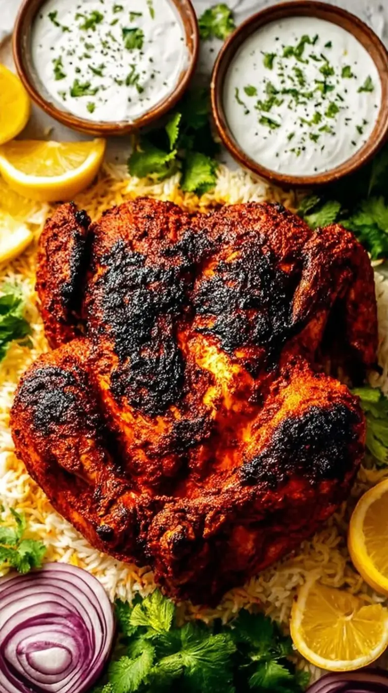 A golden, spiced whole roasted tandoori chicken resting on a wire rack over a baking sheet.