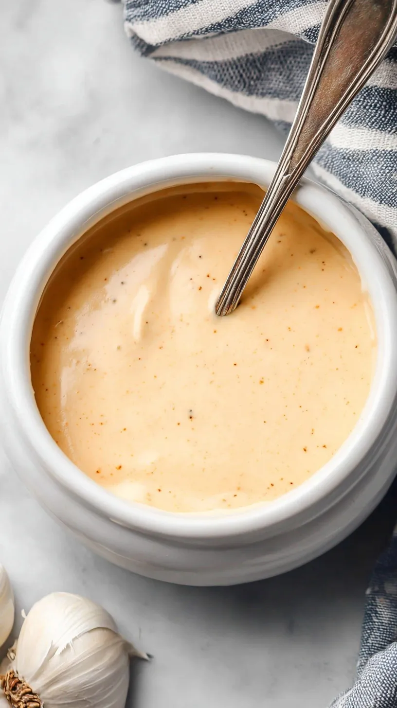 A small glass bowl filled with creamy orange homemade Big Mac sauce next to a burger.