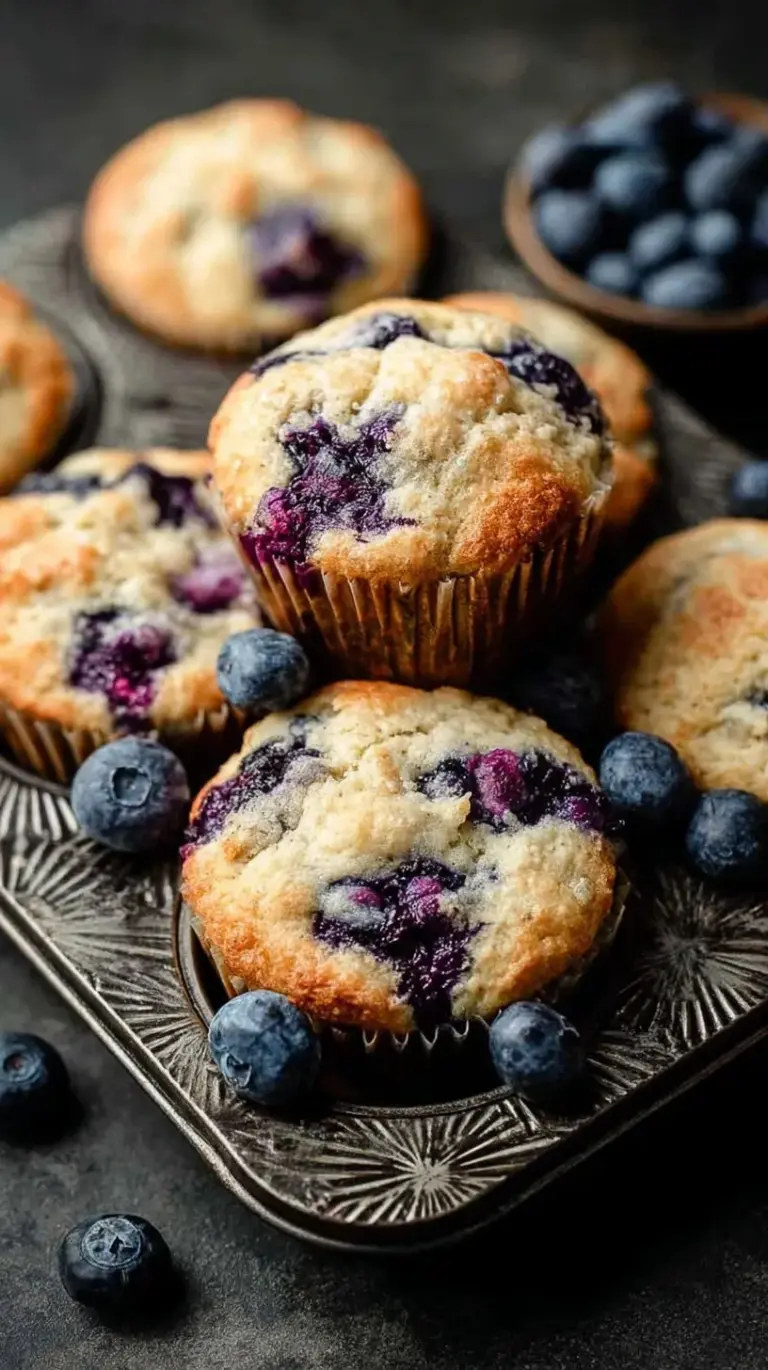 A tray of golden brown blueberry protein muffins with fresh berries bursting through the tops.