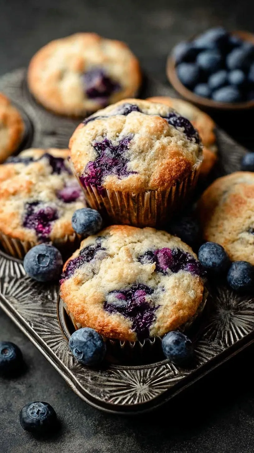 A tray of golden brown blueberry protein muffins with fresh berries bursting through the tops.