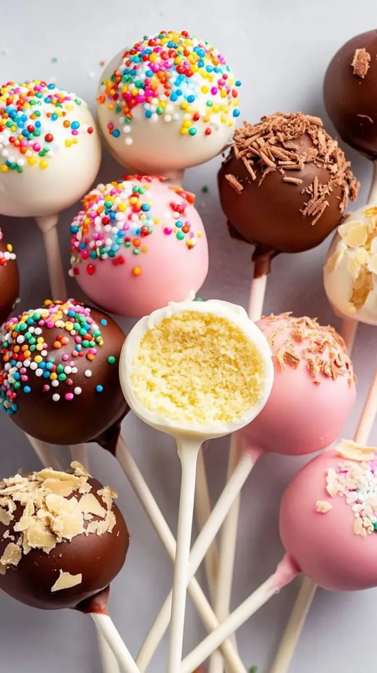 Chocolate covered cake pops on sticks arranged on a white platter