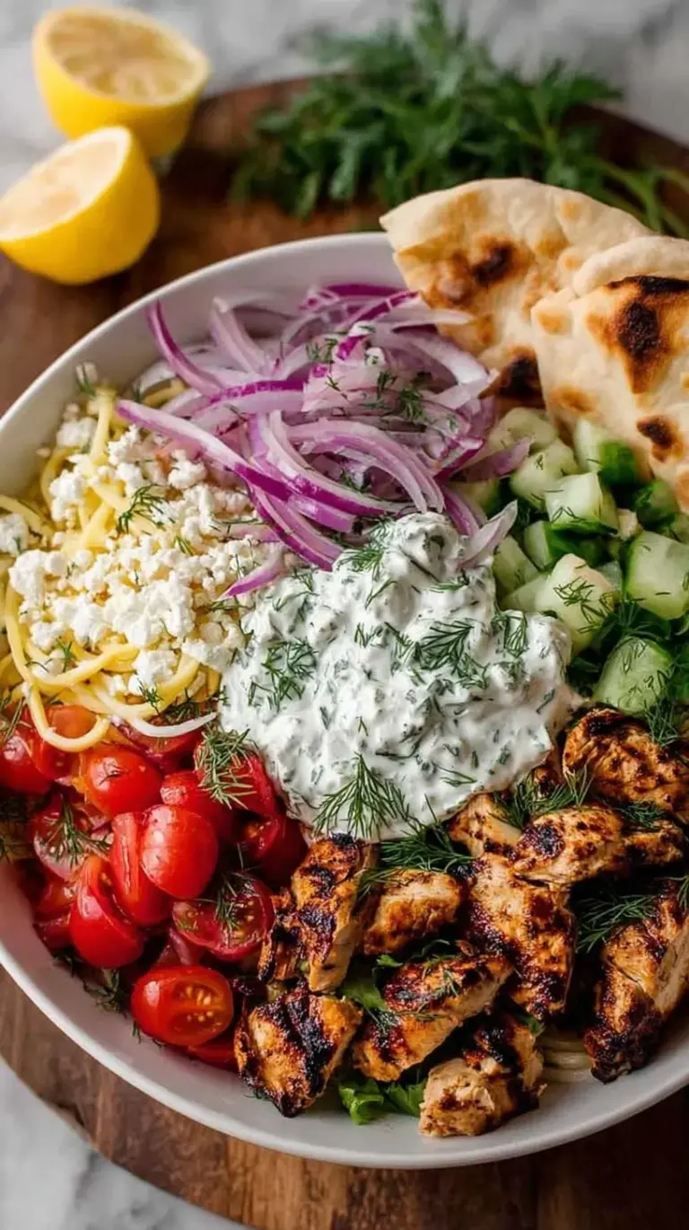 A vibrant Chicken Gyro Bowl with golden chicken, fresh cucumbers, tomatoes, and creamy tzatziki over rice.