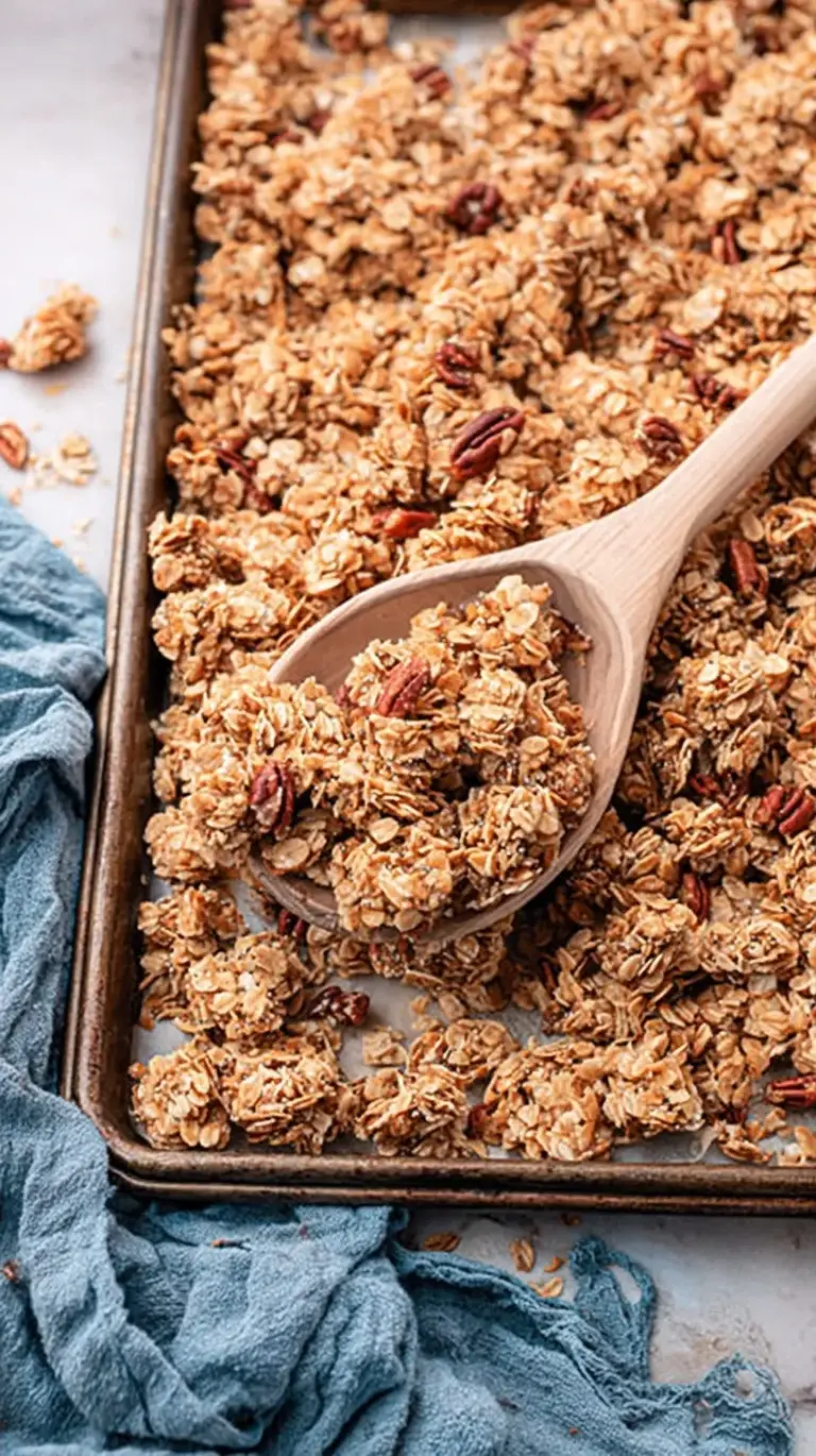 Golden brown homemade granola with nuts and dried cranberries on a baking sheet