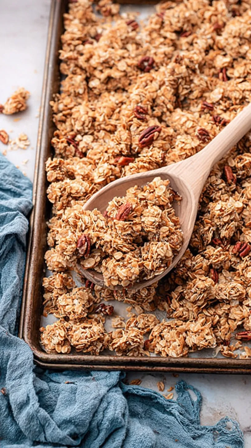 Golden brown homemade granola with nuts and dried cranberries on a baking sheet