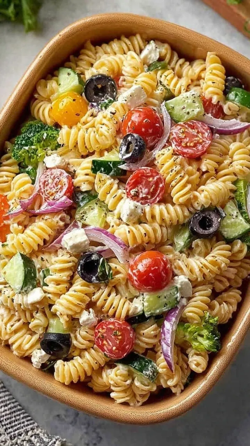 A bowl of high-protein pasta salad with chickpea rotini, grilled chicken, cherry tomatoes, and feta cheese