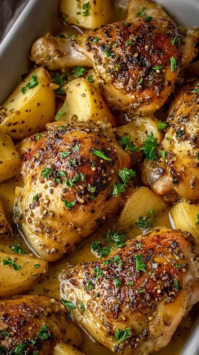 Pan-seared honey and mustard chicken breasts glazed in a golden sauce with fresh thyme