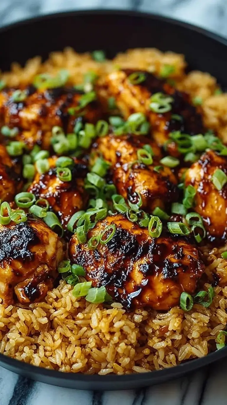 A bowl of glazed honey bbq chicken over white rice topped with green onions and sesame seeds