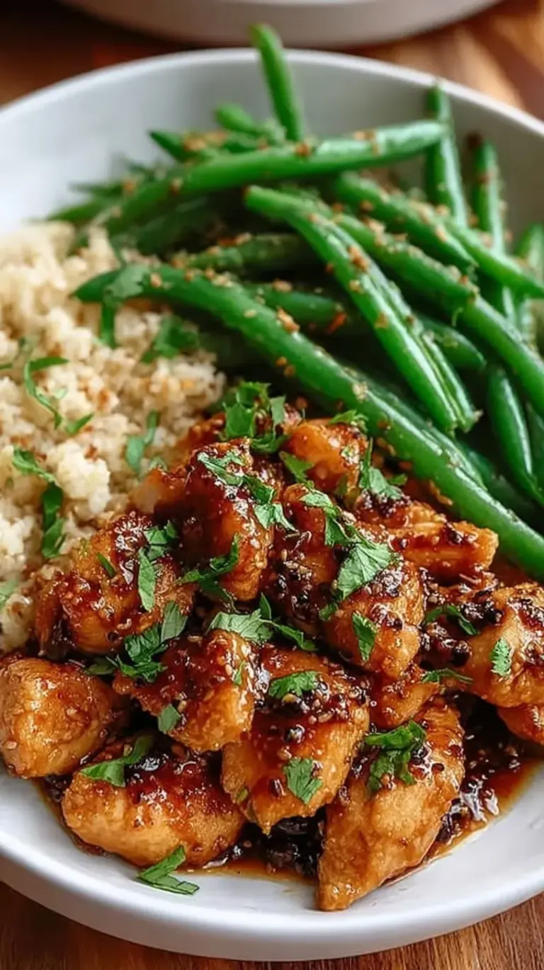 A glossy stir-fry of honey garlic chicken pieces and vibrant green beans in a dark skillet.