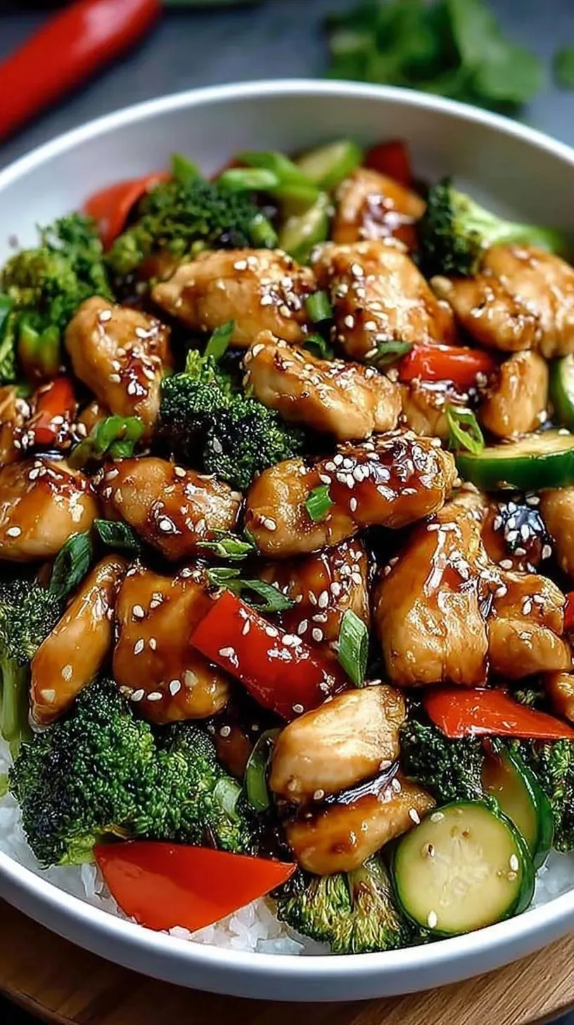 A vibrant honey garlic chicken stir fry with green broccoli and red peppers in a dark pan.