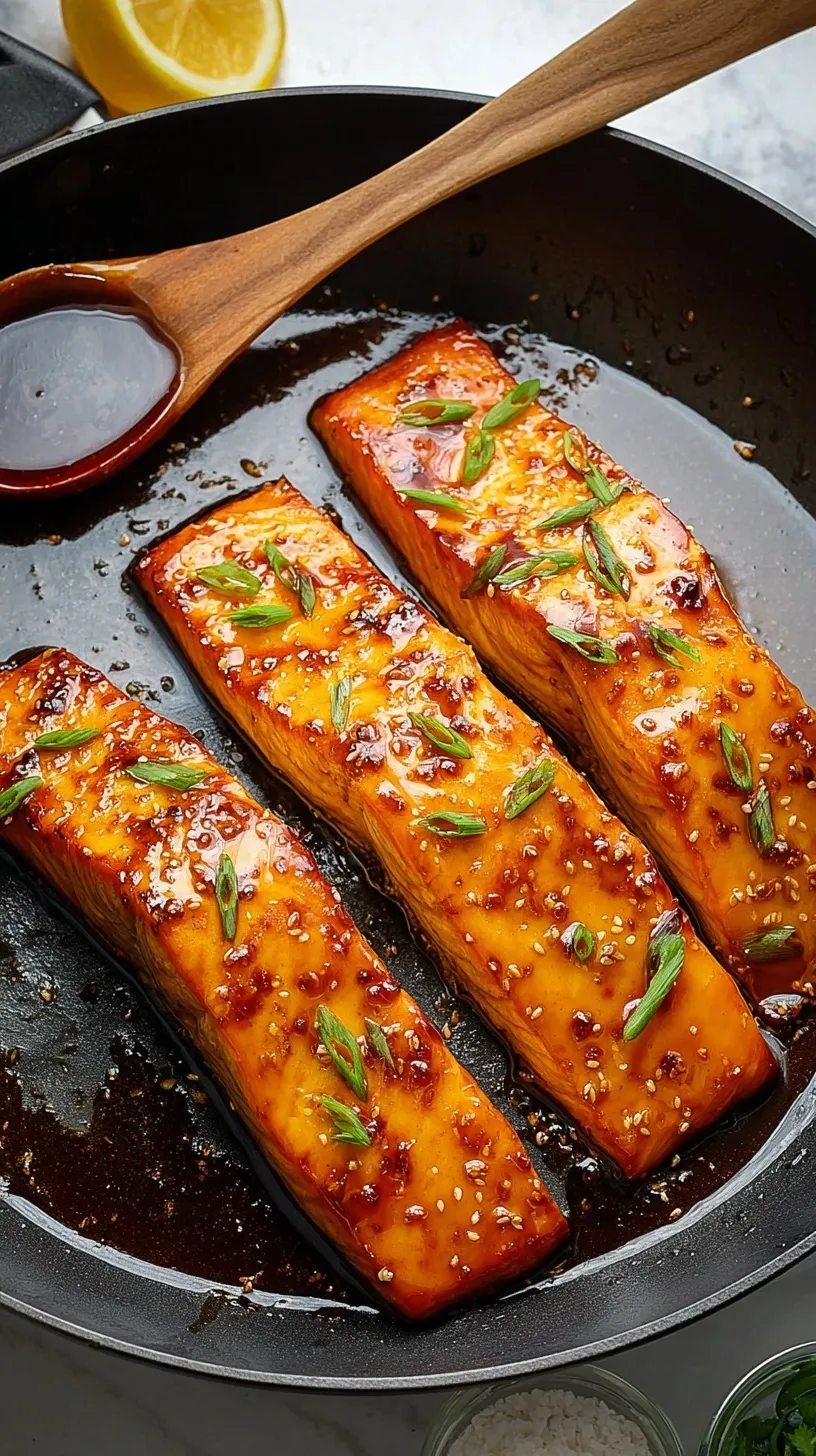 Pan-seared honey glazed salmon fillets garnished with fresh parsley in a skillet