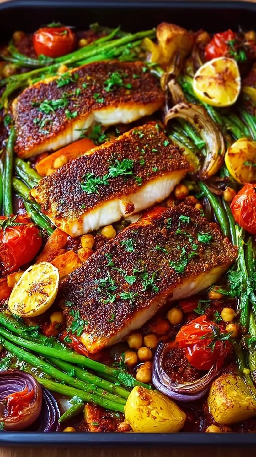 A colorful tray bake featuring glazed barramundi fillets, roasted peppers, zucchini, and chickpeas.