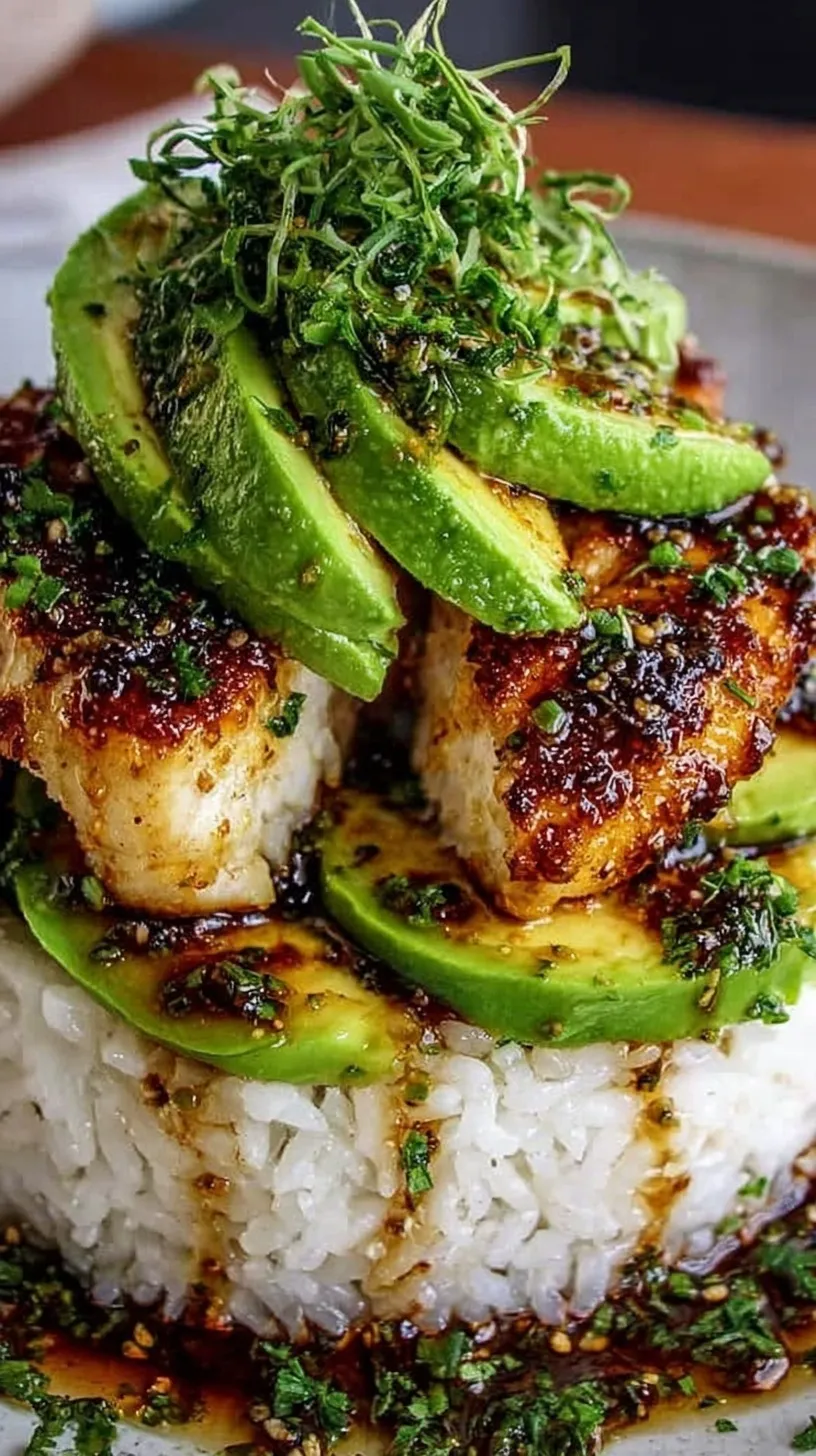 A gourmet layered stack of cilantro rice, diced avocado, and glazed honey lime chicken on a white plate.