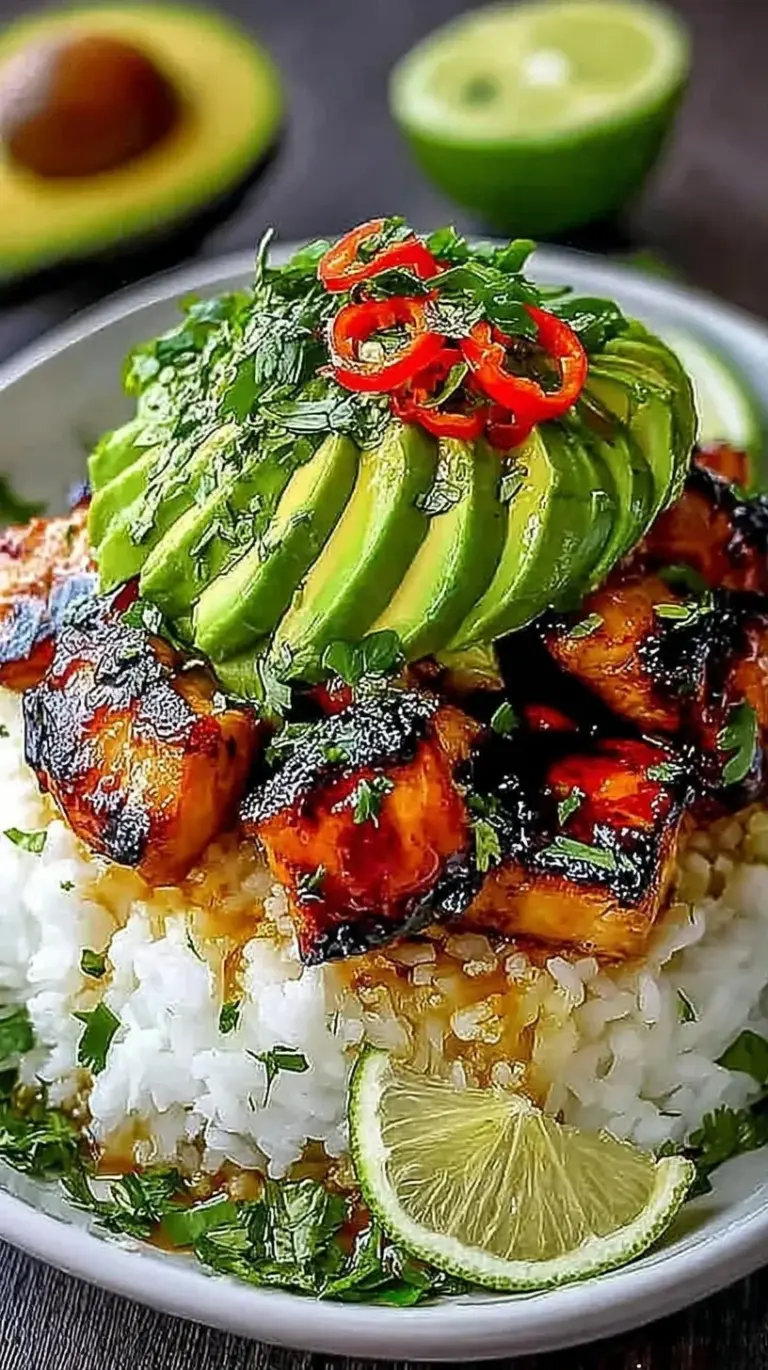 A vibrant bowl of honey lime glazed chicken over cilantro rice with diced avocado