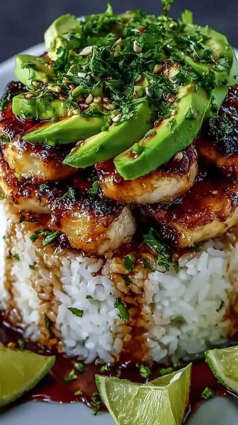A beautiful cylindrical stack of cilantro lime rice, honey lime chicken, and diced avocado on a white plate.