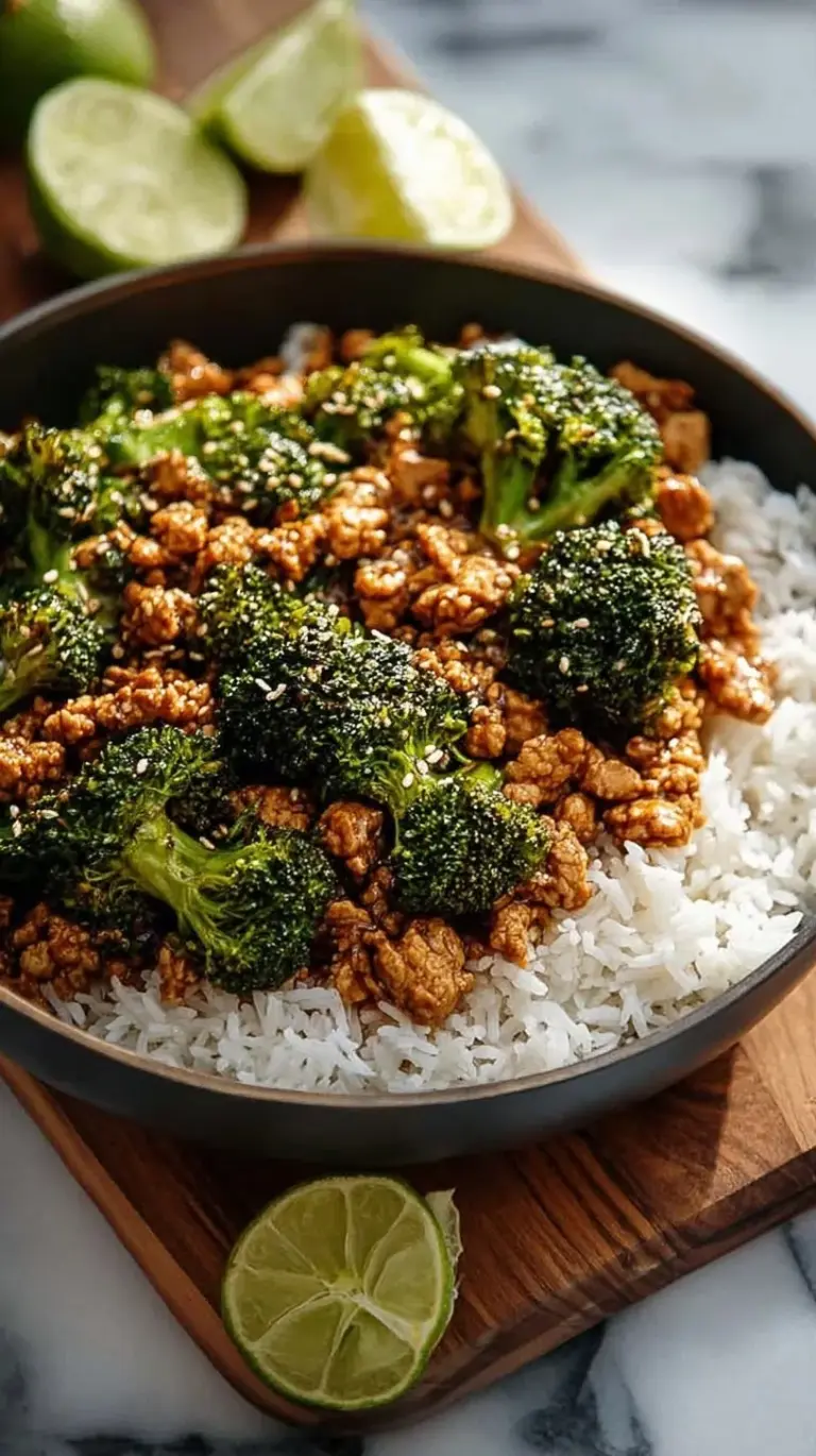 A bowl of honey sriracha ground chicken stir-fry with bright green broccoli and sesame seeds