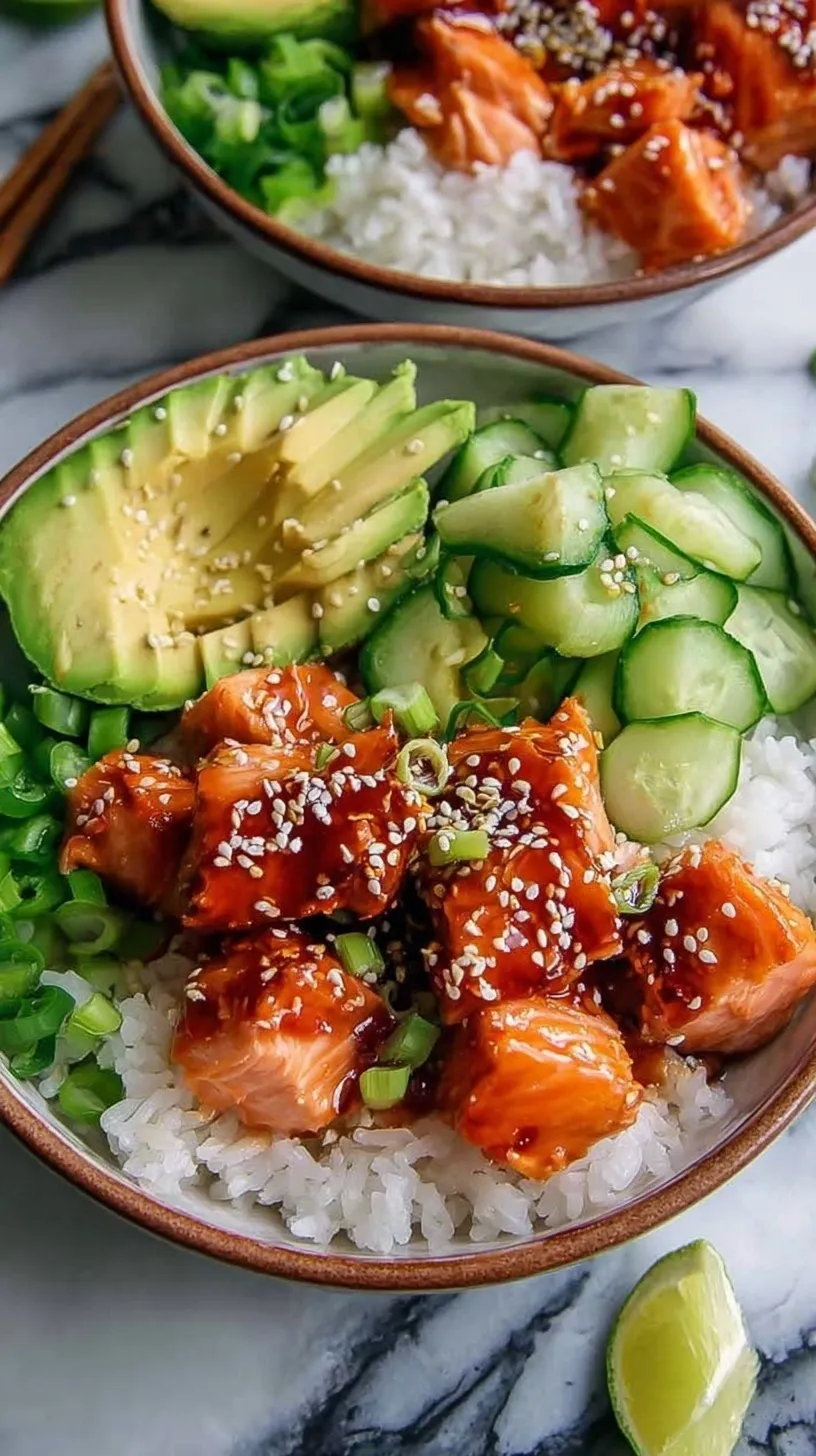 A vibrant salmon bowl with honey sriracha glaze, jasmine rice, edamame, and cucumber slices.