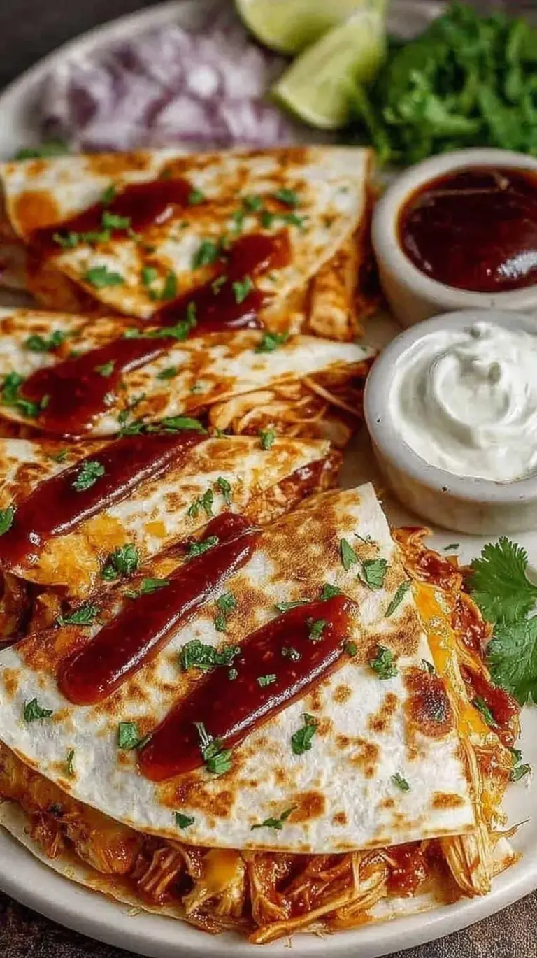 Golden brown hot honey chicken quesadillas sliced on a wooden board with melted cheese and fresh cilantro.