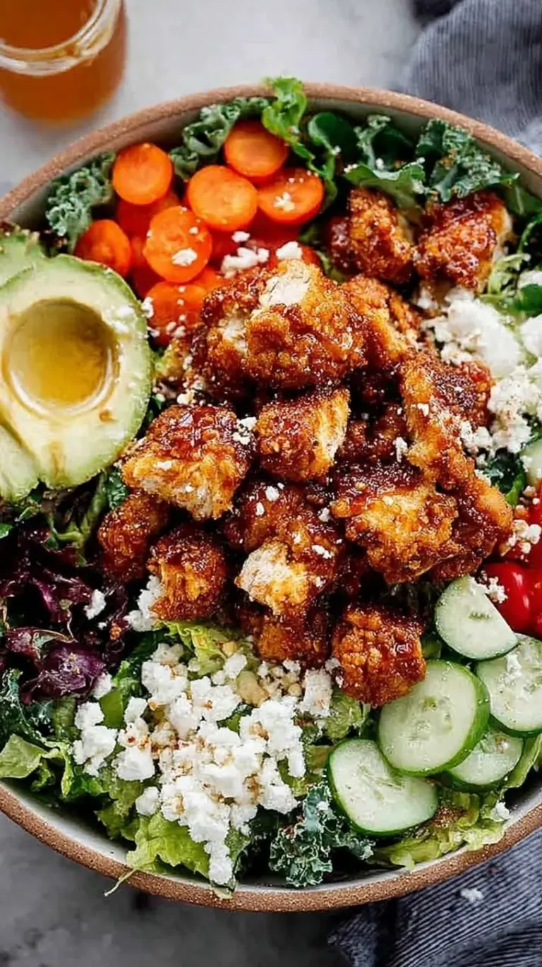 Sliced hot honey glazed chicken breast over a bed of spring greens, cherry tomatoes, and cucumbers