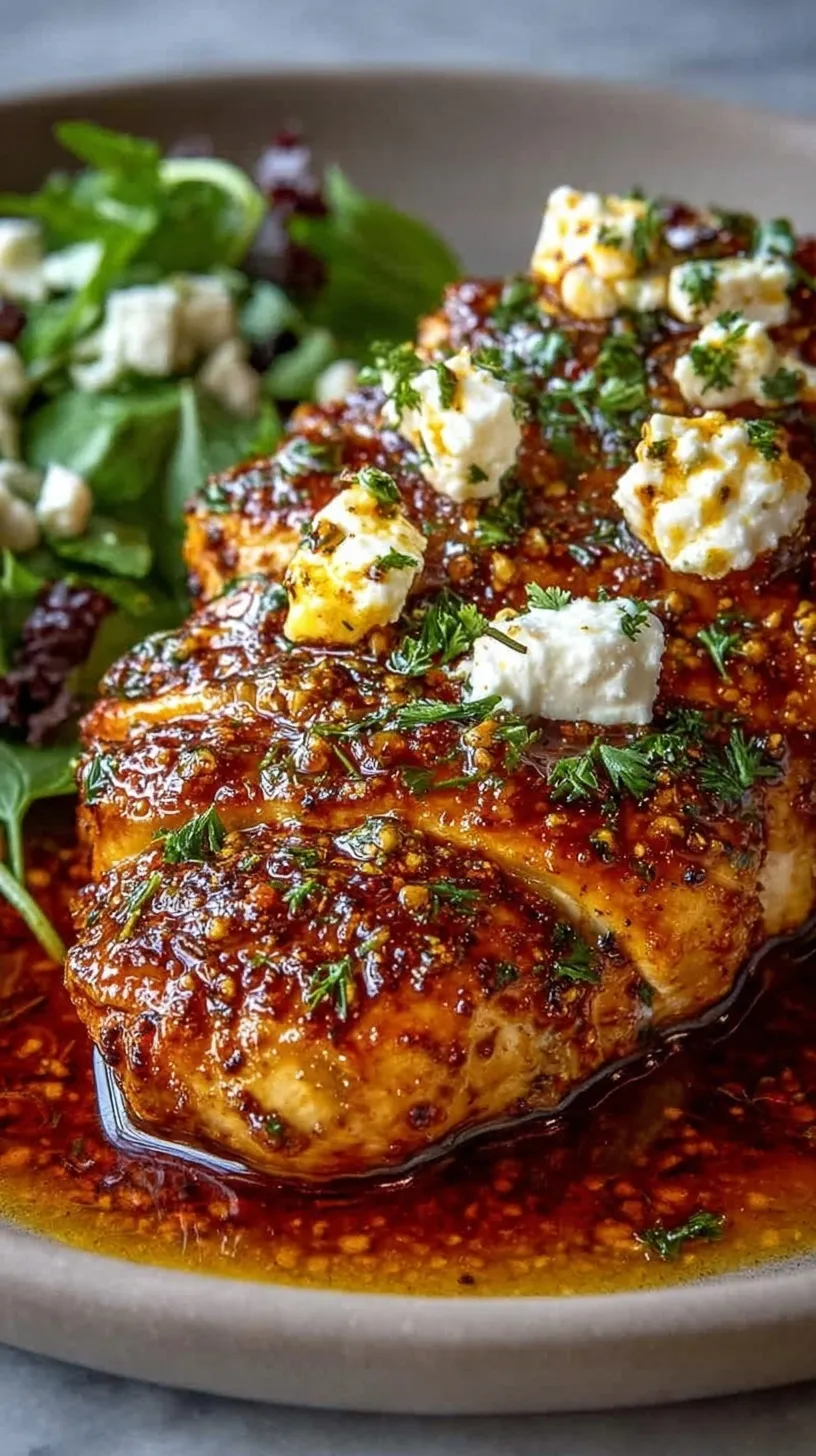 Pan-seared chicken breasts coated in a glossy hot honey glaze and topped with crumbled feta cheese and fresh parsley.