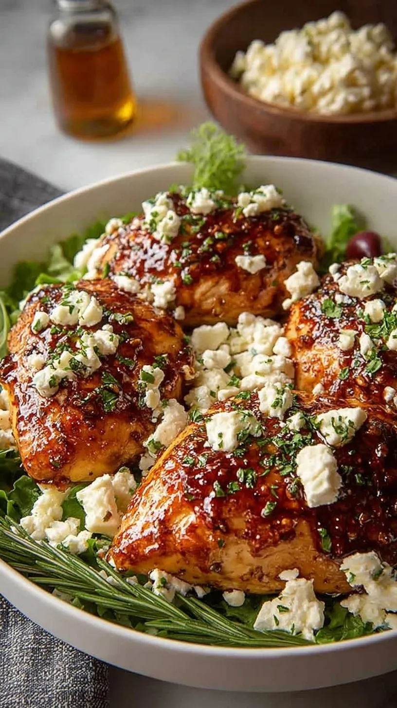 Pan-seared chicken breasts topped with melted feta cheese and a red pepper honey glaze in a skillet.