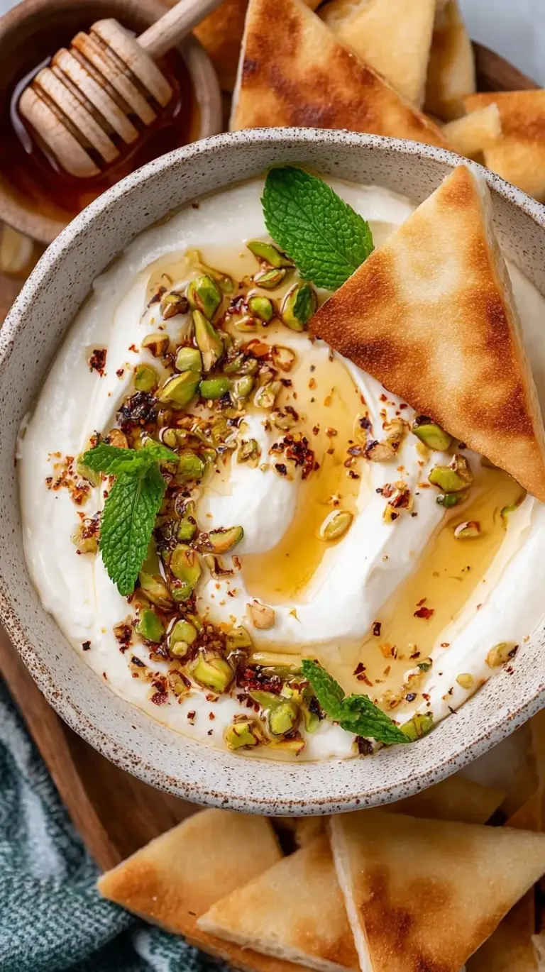 A bowl of silky smooth whipped cottage cheese topped with a golden drizzle of hot honey and fresh green chives.