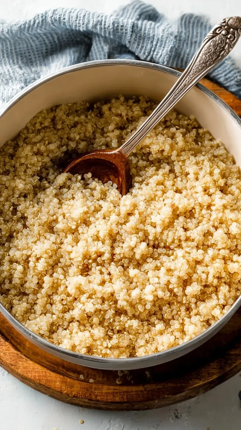 A close-up of light and fluffy white quinoa being fluffed with a fork in a silver saucepan.