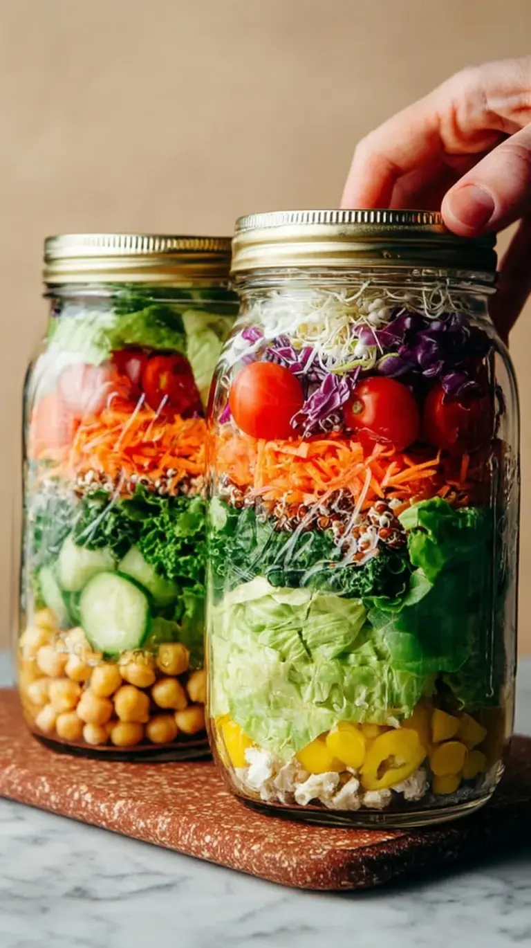 A colorful Mediterranean Chickpea Mason Jar Salad with layers of spinach, quinoa, and vegetables.