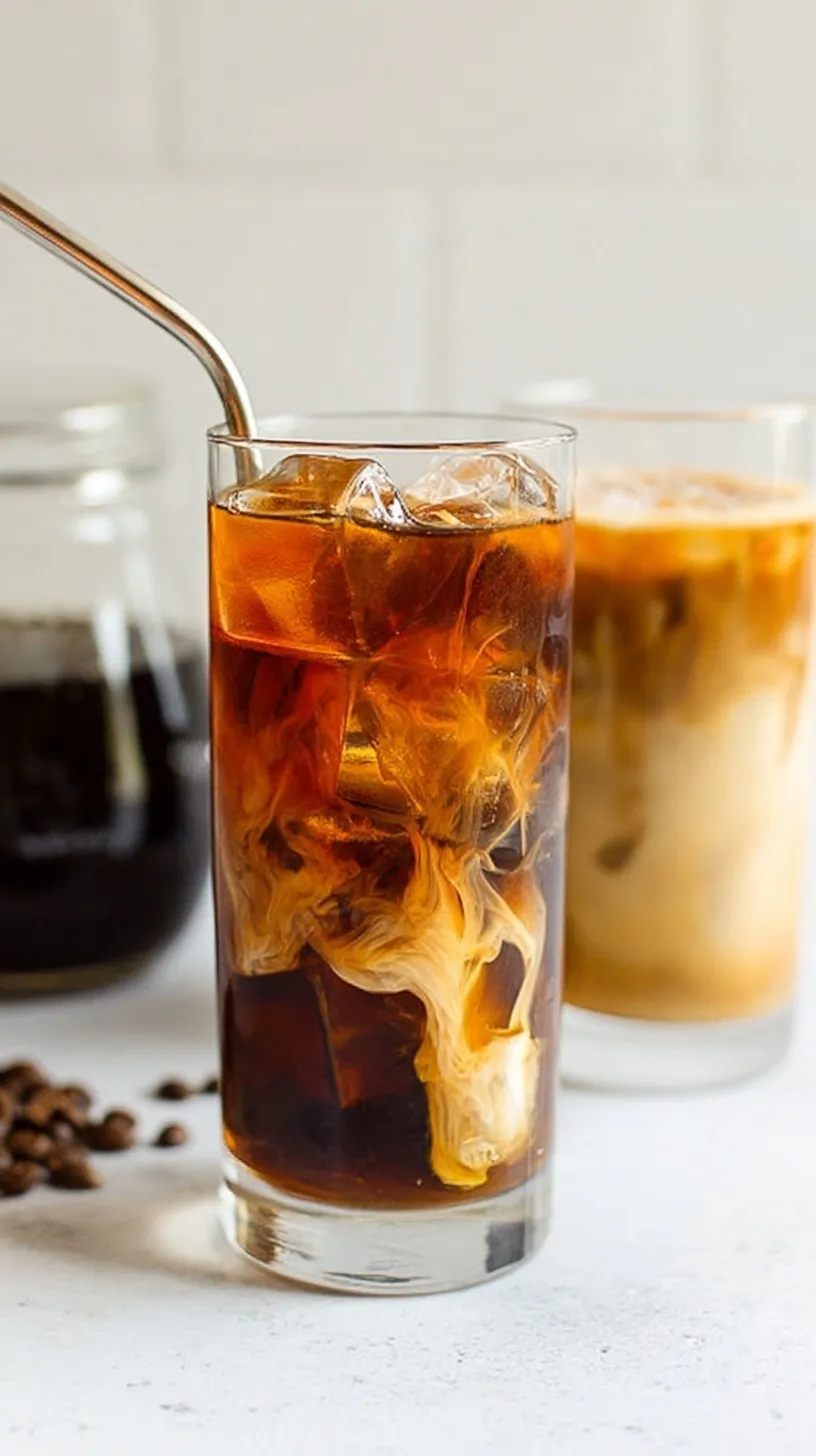 A glass jar filled with dark cold brew coffee concentrate next to a glass of iced coffee with milk.