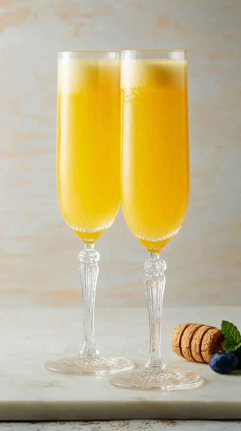 A chilled champagne flute filled with a bright orange mimosa and a fresh orange slice garnish.