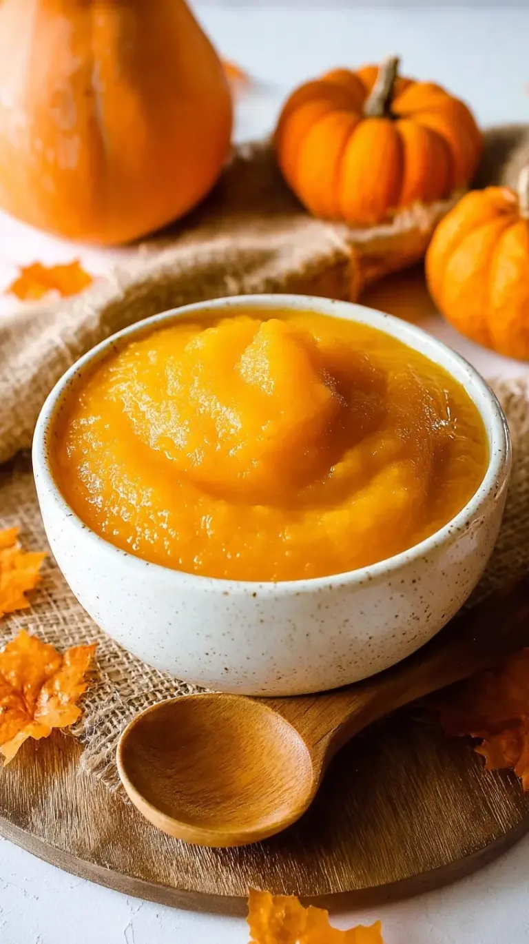 Smooth, golden homemade pumpkin puree in a glass jar next to a roasted sugar pumpkin