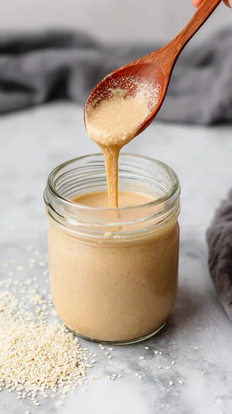 Smooth, pourable homemade tahini being drizzled from a spoon into a glass jar.