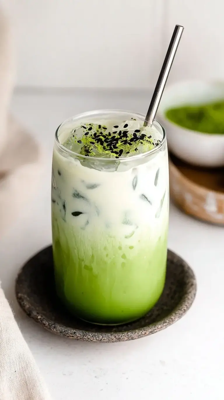 A tall glass of layered iced matcha latte with green tea on top and white milk on the bottom over ice cubes.