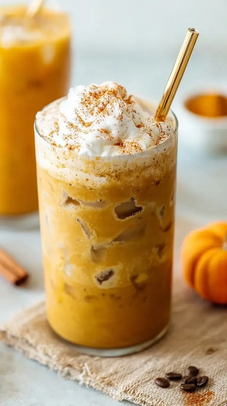 A frothy iced pumpkin spice latte in a tall glass with a straw and a dusting of cinnamon on top