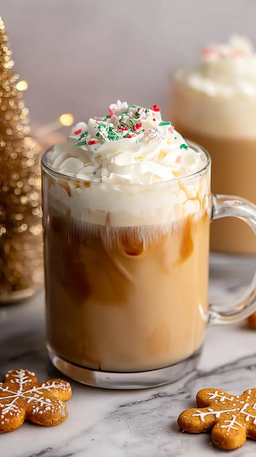 A cold iced sugar cookie latte in a glass topped with festive red and green sprinkles.