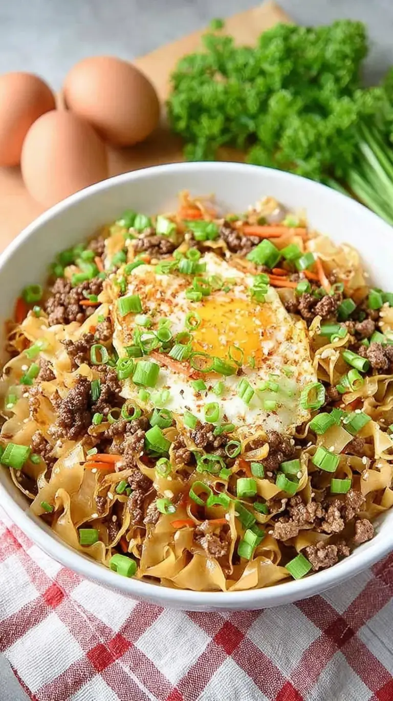 A savory bowl of ground pork and shredded cabbage garnished with green onions and sesame seeds.
