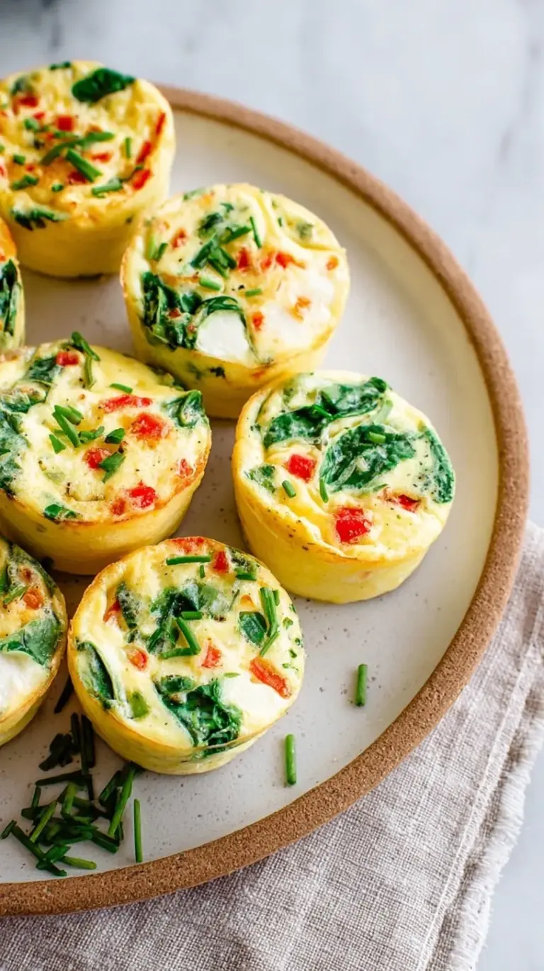 Seven fluffy egg white bites with spinach and red peppers in a silicone mold