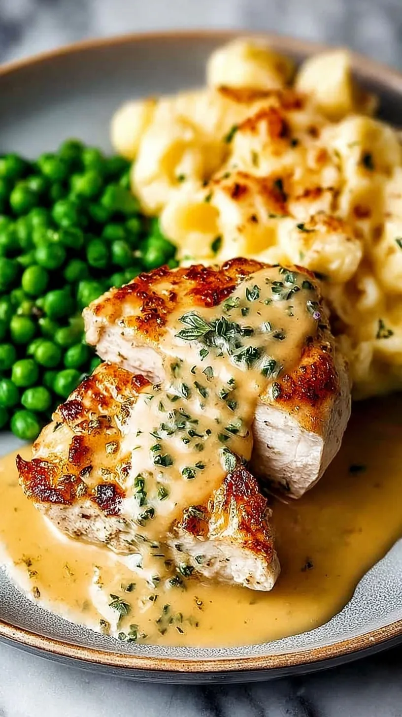 Pan-seared chicken breasts smothered in a creamy garlic and herb Boursin sauce with fresh spinach in a skillet.