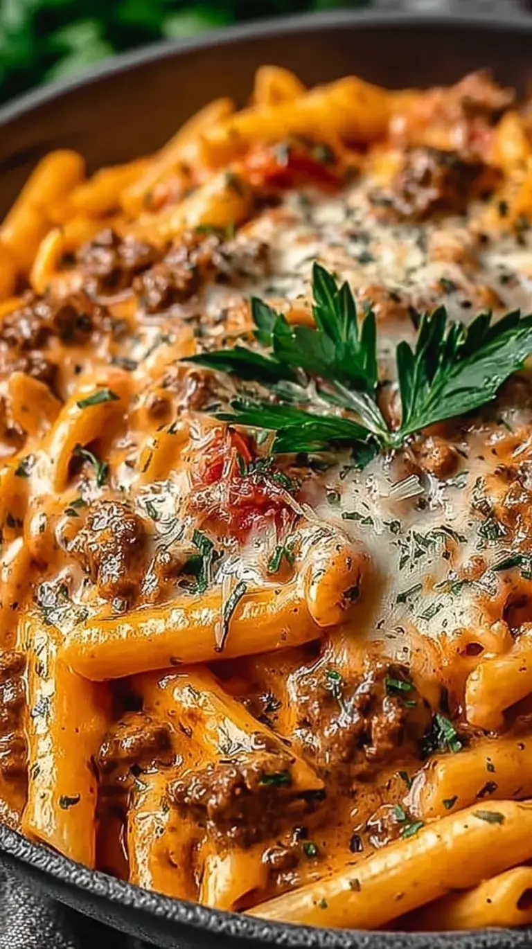 A close up shot of creamy beef pasta in a skillet topped with fresh parsley