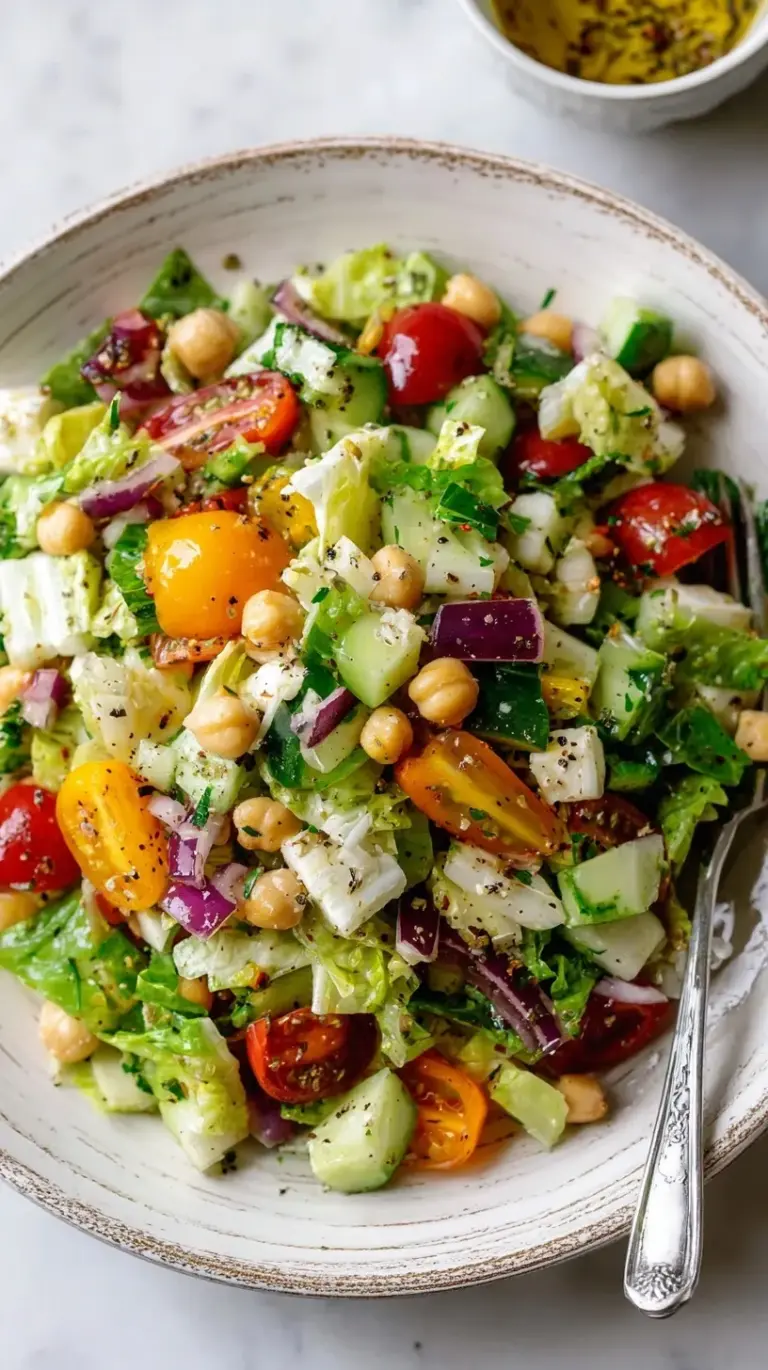 A colorful Italian chopped salad with romaine, radicchio, salami, provolone, and chickpeas in a large bowl.