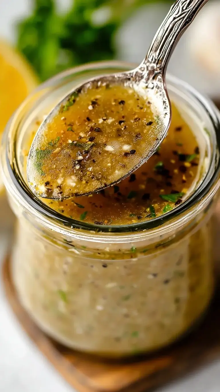 A glass jar filled with herb-flecked Italian vinaigrette next to a fresh green salad