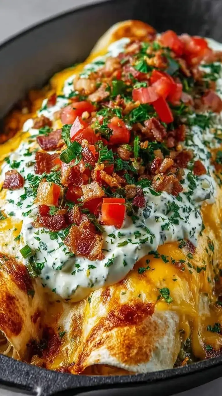 A baking dish filled with golden, bubbling jalapeño popper chicken enchiladas topped with bacon and green onions.