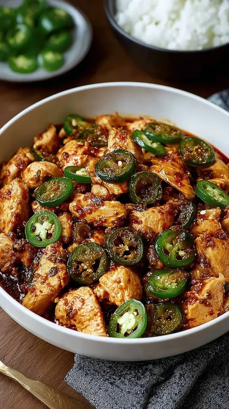 A skillet of golden chicken cubes with sliced green jalapenos and onions in a glossy brown sauce