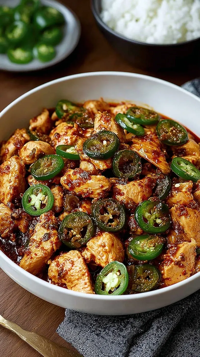 A skillet of golden chicken cubes with sliced green jalapenos and onions in a glossy brown sauce