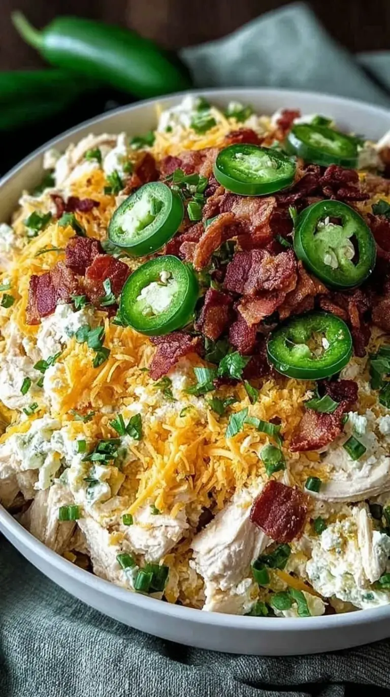 A bowl of creamy jalapeno popper chicken salad with bacon and cheddar cheese