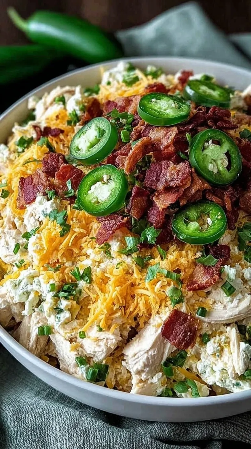 A bowl of creamy jalapeno popper chicken salad with bacon and cheddar cheese