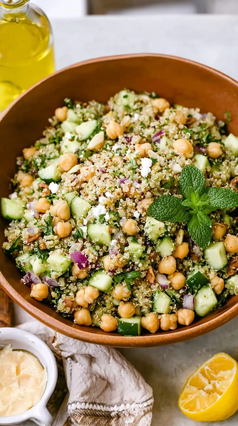A fresh bowl of Jennifer Aniston Salad with bulgur, chickpeas, pistachios, and feta cheese.