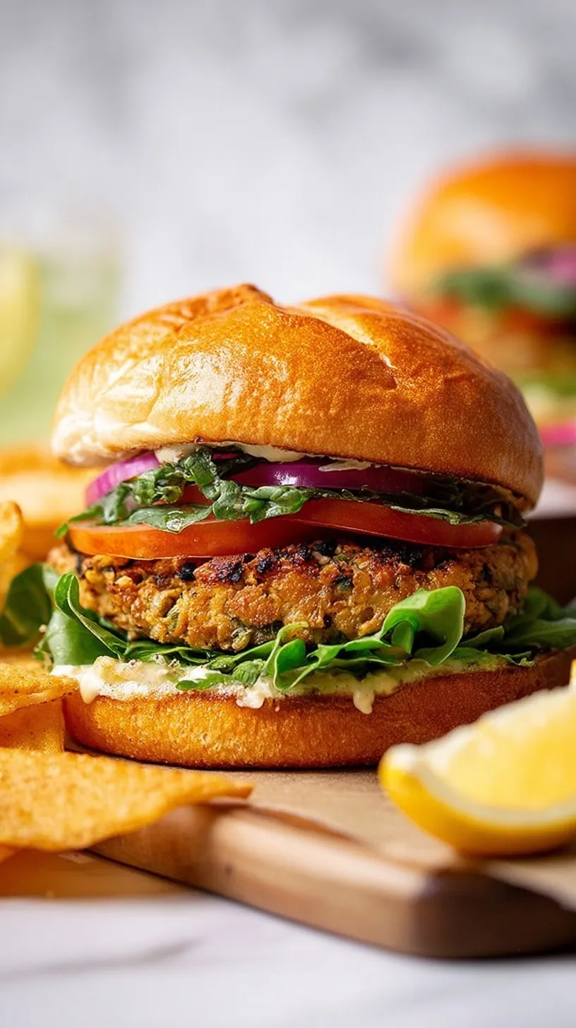 Four golden-brown juicy chicken burgers resting on a wooden board with fresh greens.