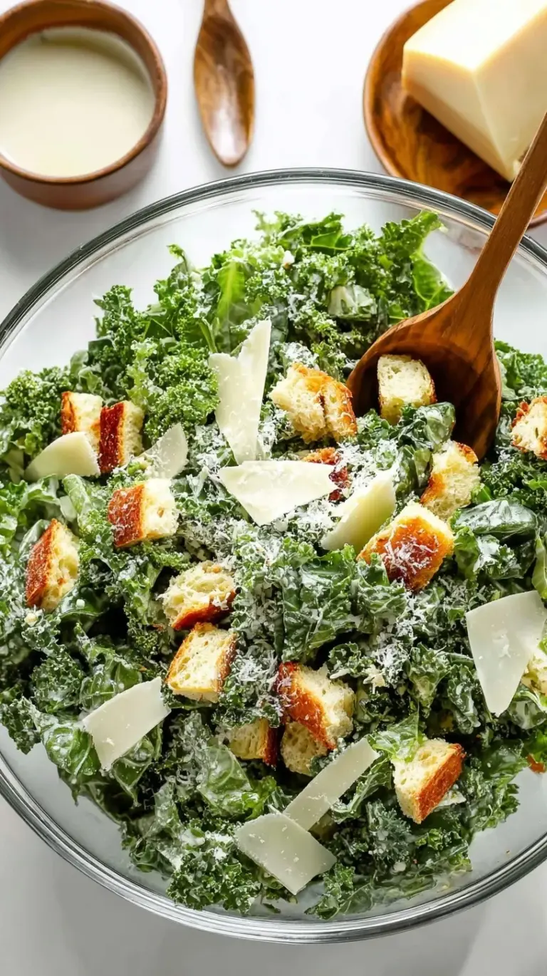 A large bowl of massaged kale Caesar salad with sourdough croutons and shaved parmesan cheese
