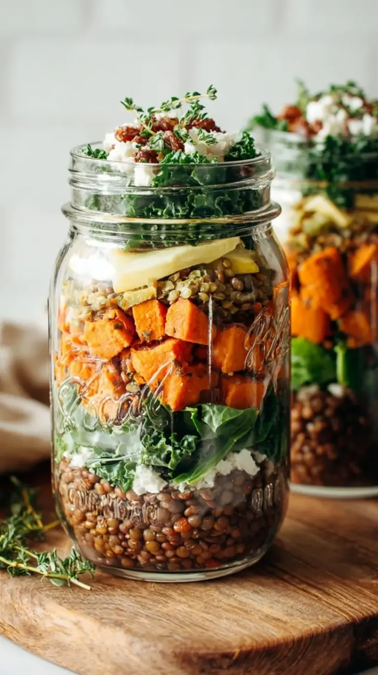 Four glass mason jars filled with layers of lentils, roasted sweet potatoes, massaged kale, and pumpkin seeds on a clean kitchen counter.
